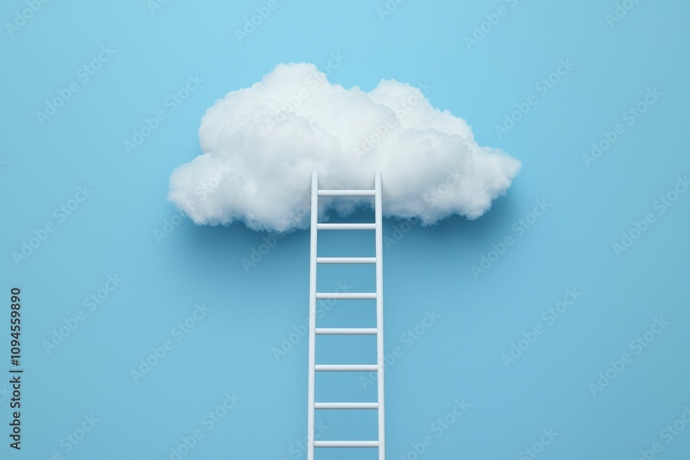 Freedom expression and symbolic, A ladder leads to a fluffy cloud against a bright blue background, symbolizing aspiration and dreams. Freedom expression and symbolic, A ladder leads to a fluffy cloud against a bright blue background, symbolizing aspiration and dreams.