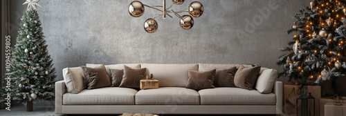 Cozy holiday living room decorated with Christmas trees and stylish furniture...