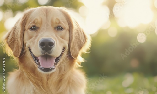 Happy golden retriever enjoying a sunny day in the park with a friendly expre...