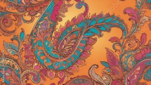 Vibrant Indian paisley background in orange, pink, and gold