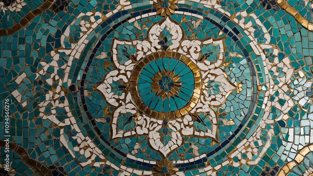Persian mosaic tile background in turquoise, white, and gold Persian mosaic tile background in turquoise, white, and gold
