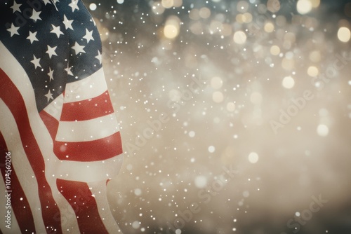 American flag waving gently with a soft snow backdrop during winter festivities