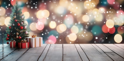 Beautiful Christmas tree with presents on wooden table against colorful bokeh...