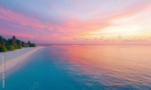 Serenity of twilight over a tranquil beach with pastel skies and gentle waves