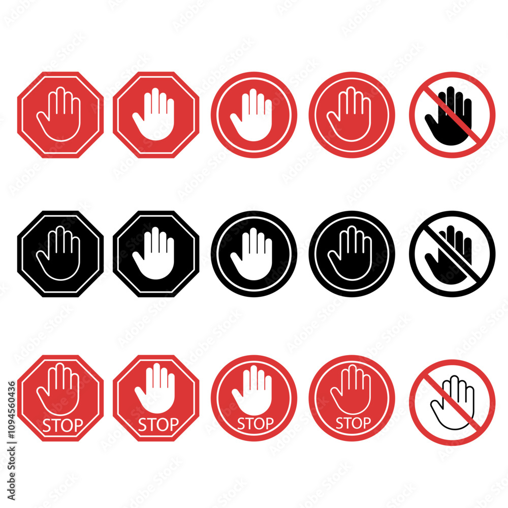 Stop hand icon vector set. Do not touch illustration sign collection. Hand forbidden symbol. Stop hand icon vector set. Do not touch illustration sign collection. Hand forbidden symbol.