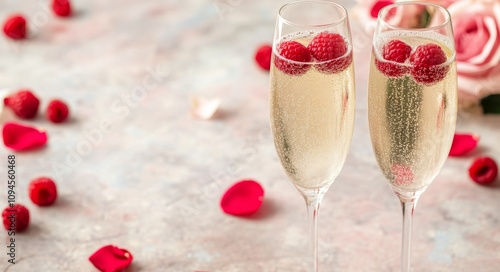 Glasses filled with sparkling beverage and decorated with flowers and berries...