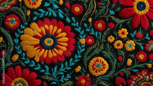 Uzbek suzani embroidery with bold red, yellow, and black patterns