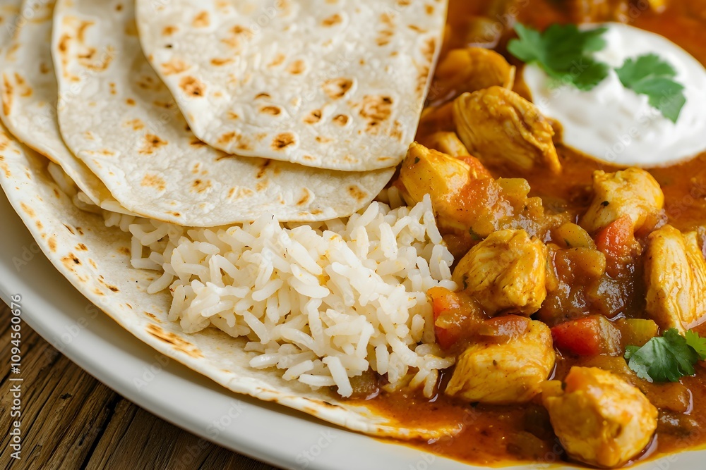 Delicious chicken curry with rice and warm tortillas served Delicious chicken curry with rice and warm tortillas served