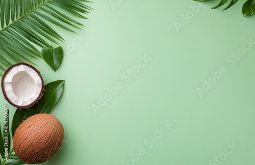 Coconut and tropical leaves arranged on a green background for a fresh and na...