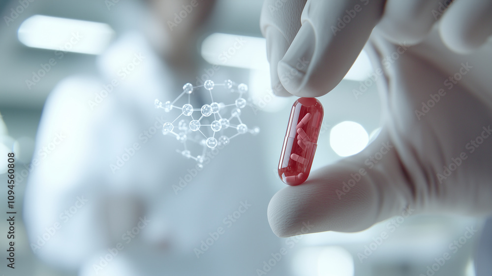 Scientist Presenting Red Pill with Molecular Structures Background Scientist Presenting Red Pill with Molecular Structures Background