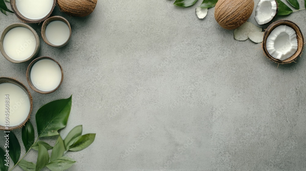 Variety of coconut products arranged with leaves and a whole coconut on a gray background Variety of coconut products arranged with leaves and a whole coconut on a gray background