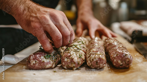 A butcher making gourmet sausages with a variety of ingredients like fresh herbs, smoked paprika, and minced meat, all being stuffed into natural casings. photo