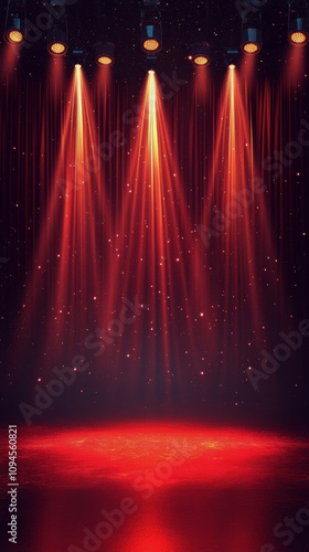 Red stage lights illuminate a performance area with glittering effects at a v...