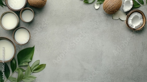 Variety of coconut products arranged with leaves and a whole coconut on a gra...