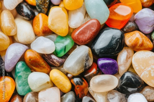 Colorful collection of smooth stones arranged on a flat surface for decoratio...