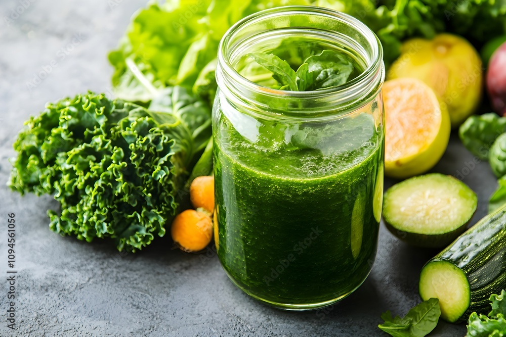 Healthy green smoothie with fresh ingredients on a table Healthy green smoothie with fresh ingredients on a table