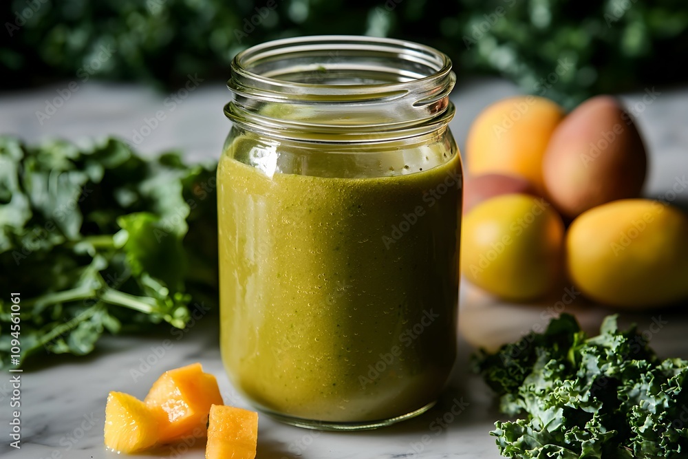 Healthy green smoothie in a jar with fresh ingredients around Healthy green smoothie in a jar with fresh ingredients around