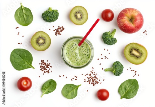 Fresh green smoothie with fruits and vegetables arranged artistically on a wh...
