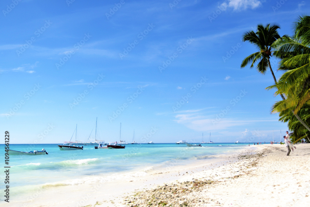Obraz premium Ocean sunset and sunrise in the Dominican Republic with palm trees