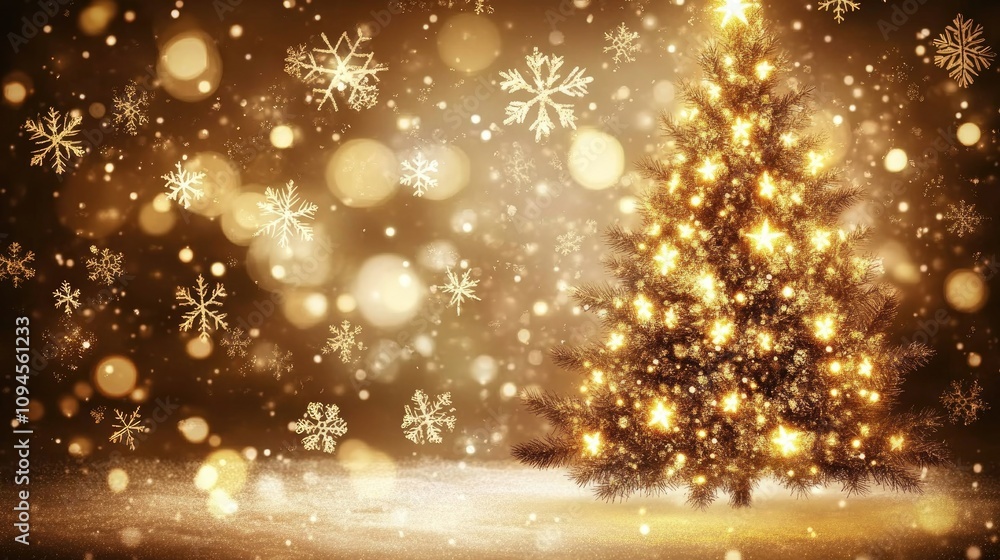 Christmas tree sparkling with golden lights and delicate snowflakes surrounded by a warm, bokeh background creating a festive atmosphere. Christmas tree sparkling with golden lights and delicate snowflakes surrounded by a warm, bokeh background creating a festive atmosphere.