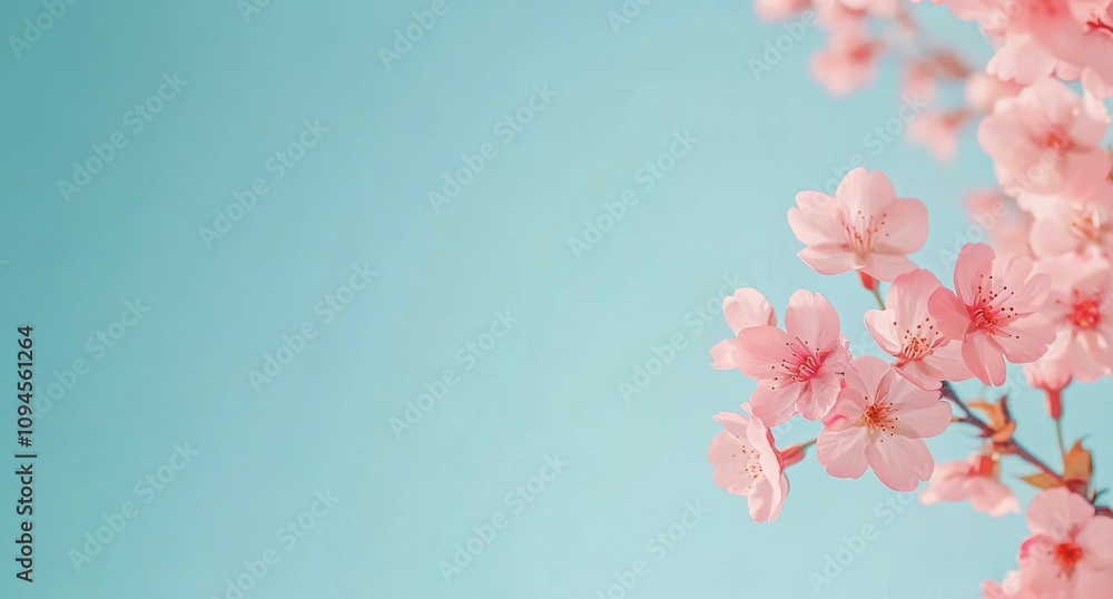 Fototapeta premium Cherry blossoms bloom in spring against a soft blue background showcasing natures beauty