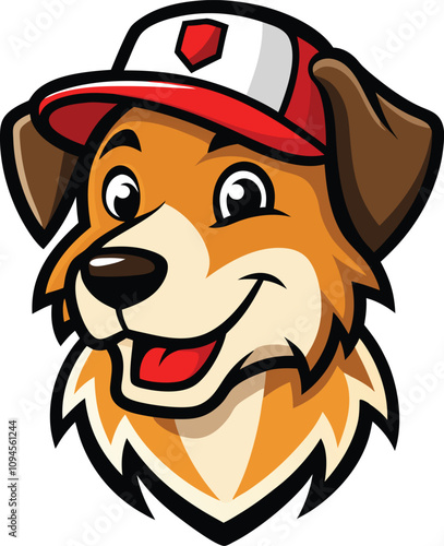 Happy Dog in a Cap: A friendly cartoon dog with a joyful expression and a red baseball cap, perfect for branding, merchandise, or children's content.   photo