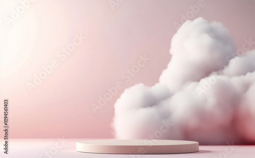 Cloudy sky with a white podium on a wooden surface during daylight hours