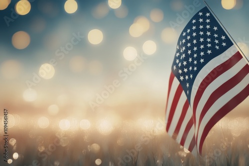 American flag waving gently with a soft snow backdrop during winter festivities