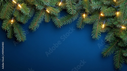Fresh green pine branches adorned with warm, glowing lights during the holida...
