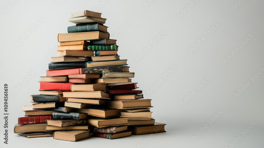 Stack of books is piled up in a pyramid shape. The books are of various sizes and colors, and they appear to be old and worn. Concept of nostalgia and the importance of preserving knowledge Stack of books is piled up in a pyramid shape. The books are of various sizes and colors, and they appear to be old and worn. Concept of nostalgia and the importance of preserving knowledge