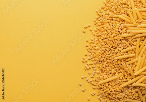 Dried yellow pasta pieces scattered on bright yellow background in a creative layout