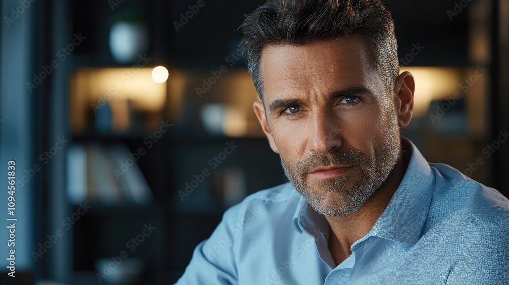 Obraz premium Confident mature businessman with a serious expression, dressed in a light blue shirt, posing in a modern office setting with soft lighting.