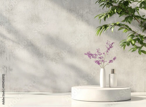 Minimalist decor featuring a vase and a natural element on a round pedestal