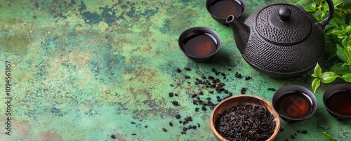 Delicious black tea preparation with a teapot and dried tea leaves on a rusti...