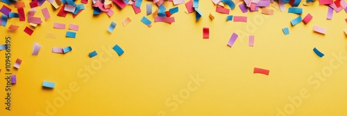 Colorful confetti scattered on bright yellow background for celebration and f...