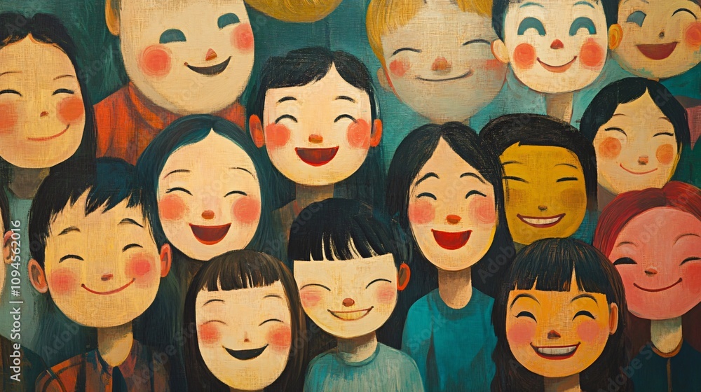 Happy children smiling and expressing joy in colorful painting Happy children smiling and expressing joy in colorful painting