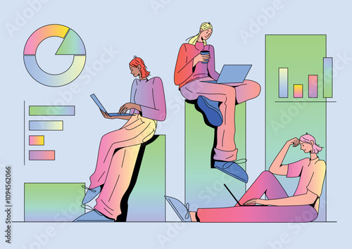 Flat vector illustration showing female professionals working on business analysis. Characters are focused on data analysis, with visualizations such as graphs, charts, and diagrams. Characters engage