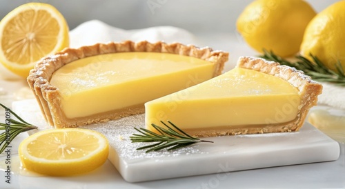 Delicious lemon tart with fresh ingredients and a slice on a white plate