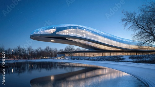 Wallpaper Mural A futuristic building with a sleek design, reflecting in a calm body of water at dusk. Torontodigital.ca