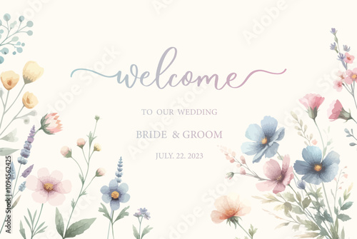 Delicate watercolor wedding invitation card background with flower and botanical leaves. Welcome sign template.