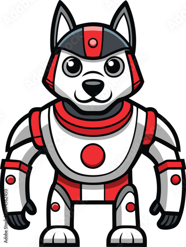 Robo-Dog: A cute, cartoon illustration of a friendly robot dog in a sleek, futuristic design, with a white body, red accents, and a charming smile.  