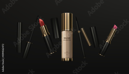 Make up banner. A luxury cosmetics banner featuring realistic lipstick, mascara, eyeliner, foundation cream bottle flying on a black background. Ideal for beauty product promotions. Not AI.