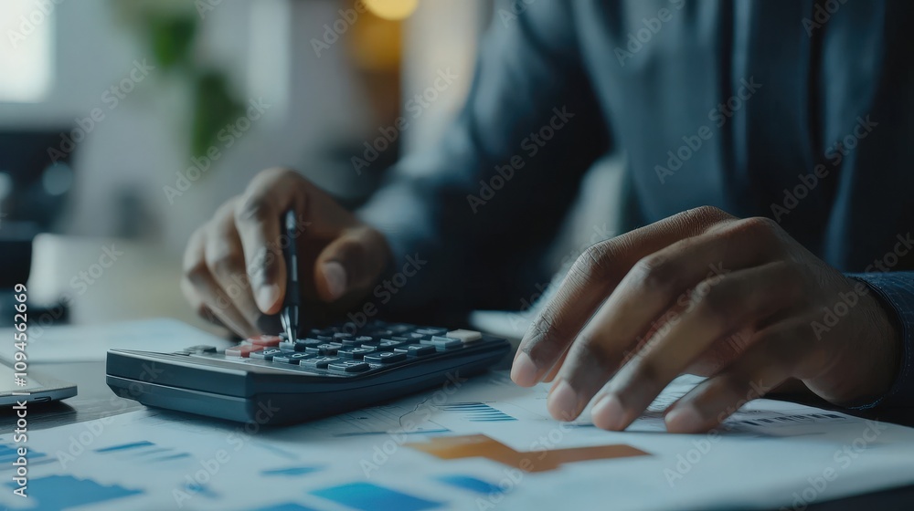 Person calculating figures using calculator and documents Person calculating figures using calculator and documents