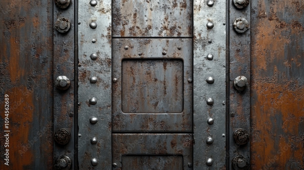 A rusty metallic door with rivets and a rectangular window, suggesting industrial design. A rusty metallic door with rivets and a rectangular window, suggesting industrial design.