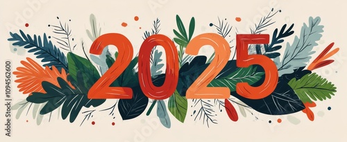 Vibrant floral design featuring the year 2025 on a light background with colo...