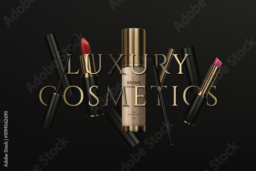 Make up banner. A luxury cosmetics banner featuring realistic lipstick, mascara, eyeliner, foundation cream bottle on a black background. Ideal for beauty product promotions. Not AI.