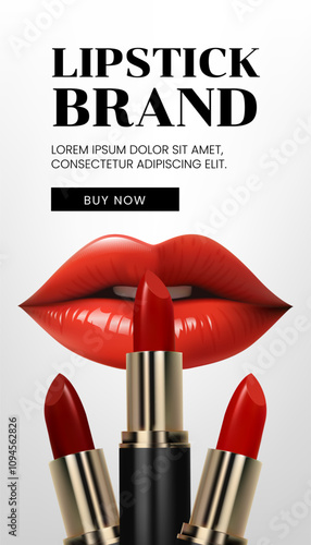 Lipstick in a gold and black tube, with red lips Make up banner. ideal for premium cosmetic ads. Not AI.