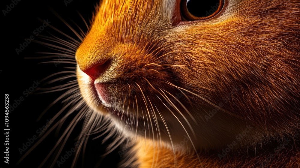 Close-up of a fluffy rabbit's face highlighting its whiskers and nose, showcasing the adorable features of a young bunny against a dark background. Close-up of a fluffy rabbit's face highlighting its whiskers and nose, showcasing the adorable features of a young bunny against a dark background.