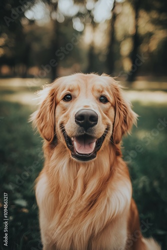 Golden retriever sitting in a sunlit park during autumn