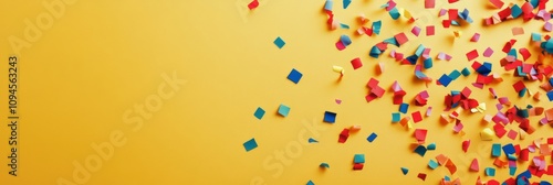 Colorful confetti scattered on bright yellow background for celebration and f...